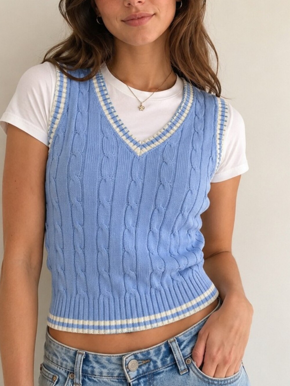 J. Galt Blue Cable Knit Sweater Vest S Preppy Collegiate Coastal Tennis